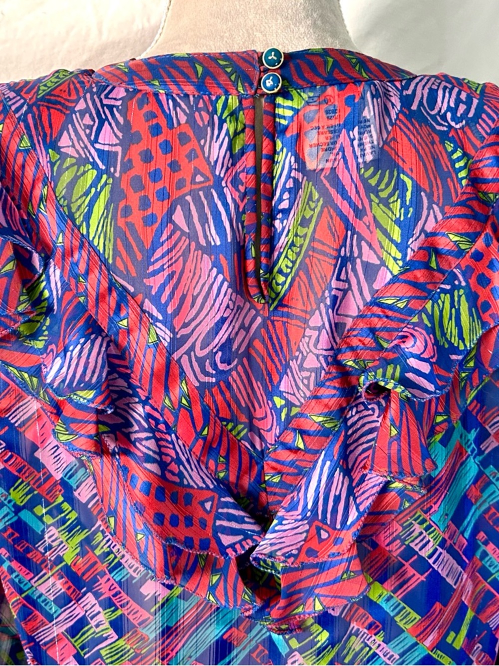 Vintage 80s Diane Freis Bold Multicolor Abstract Ruffle Drawstring Top, Size L - Picture 13 of 17